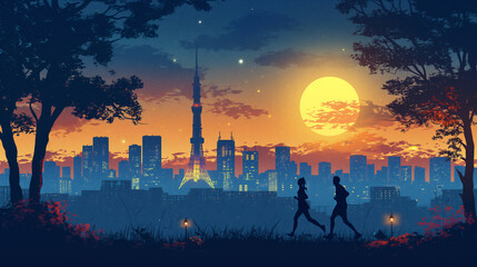 health,work out,exercise,jogging ,beautiful park in Tokyo city landscape with Tokyo tower in night time, Two people are running