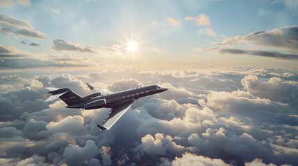  Private business jet flying above the clouds. Side view. Private jet painting the sky with...