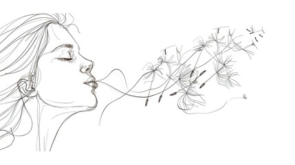 continuous line drawing on a white background of person blowing dandelion seeds