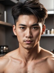 kitchen background close-up portrait of handsome asian guy from Generative AI