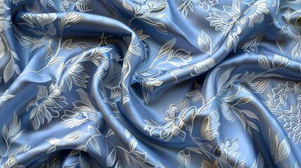periwinkle blue and silver floral damask pattern on grey fabric, shiny metallic sheen - obrazy, fototapety, plakaty