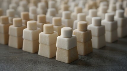 Group of small wooden figures arranged neatly on a tabletop
