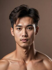 plain bronze background close-up portrait of handsome asian guy from Generative AI