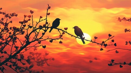 Lovebirds silhouetted against vibrant sunset, perched on tree branch with heart-shaped vines.