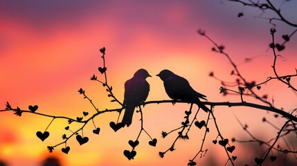 Lovebirds silhouetted against vibrant sunset, perched on tree branch with heart-shaped vines.