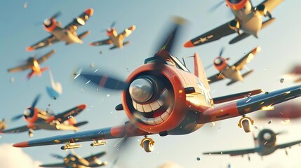 A squadron of cartoon airplanes are dogfighting in the sky