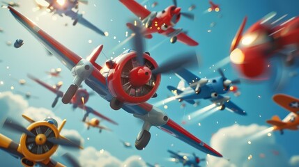 A squadron of toy airplanes are engaged in a mock dogfight in the sky