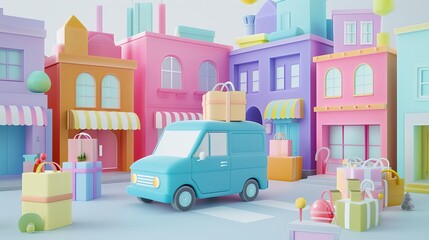 A ing of a blue van delivering presents in a colorful city. The van is surrounded by buildings, trees, and gifts. The sky is a bright blue and the sun is shining.