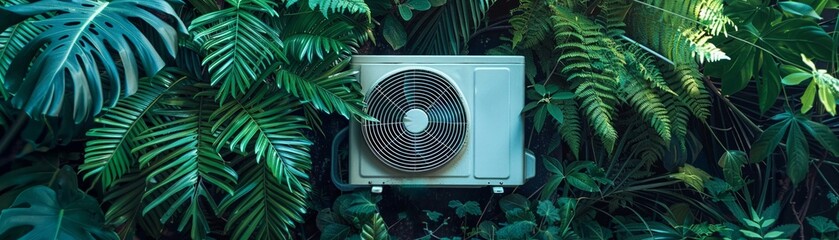 An air conditioner unit camouflaged among lush outdoor plants, illustrating an ecofriendly approach to cooling technologies