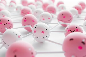3D rendering of a social network. Pink and white spheres with smiley faces are connected to each other by white lines. The spheres are arranged in a random pattern.