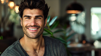 Obraz premium Portrait of a handsome man looking at the camera outdoors. Young happy man walking on a sunny day. Walking and relaxation concept. Lifestyle.