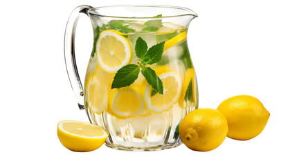 A pitcher filled with freshly made lemonade, garnished with slices of lemons, and sprigs of mint on transparent background - Powered by Adobe