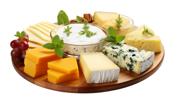 A delectable arrangement of cheese, crackers, grapes, and nuts on a serving platter on transparent background