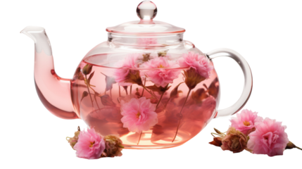 A glass teapot overflows with delicate pink flowers, creating a whimsical and enchanting display on transparent background