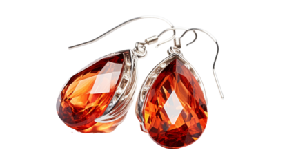 A unique pair of earrings featuring a striking orange tear-shaped gem on transparent background