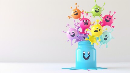 Create a fun and colorful 3D illustration of a jar of paint with colorful paint splashes