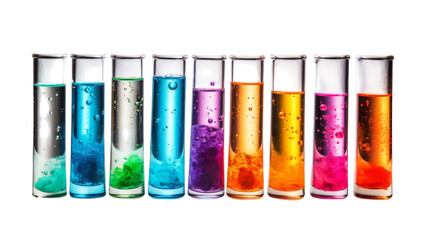 Row of test tubes filled with vibrant colored liquids on transparent background