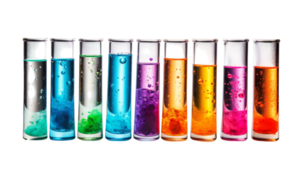 Row of test tubes filled with vibrant colored liquids on transparent background