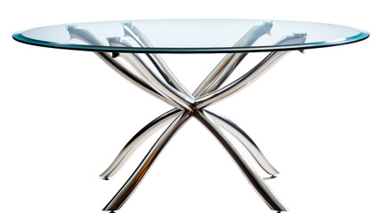 A modern glass table with sleek metal legs standing out against a clear glass top on transparent background