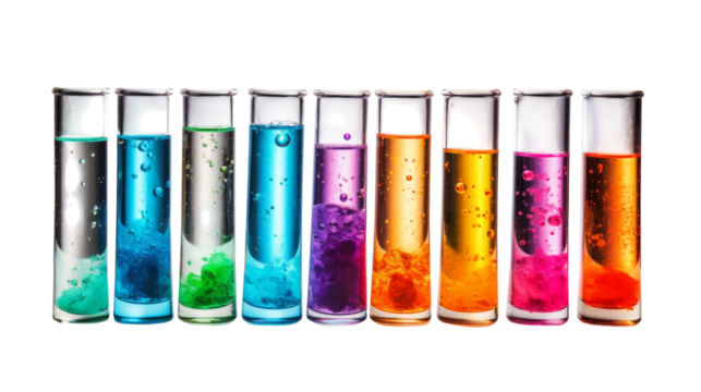 Row of test tubes filled with vibrant colored liquids on transparent background - Powered by Adobe