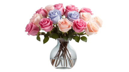 A vase overflows with vibrant pink and blue roses, creating a stunning and whimsical floral display on transparent background