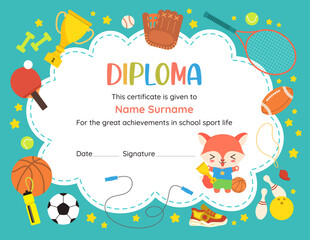 Cute school certificate in sport award. Elementary diploma for PE success. Text frame template, cute border with copy space. Cartoon design with kawaii animal student character and sports icons.