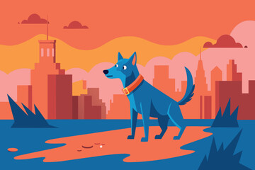 A blue dog is standing in a city with a red collar
