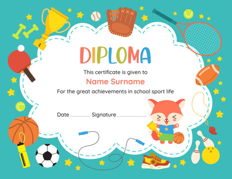 Cute school certificate in sport award. Elementary diploma for PE success. Text frame template, cute border with copy space. Cartoon design with kawaii animal student character and sports icons.