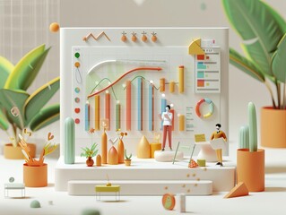 A 3D illustration of a man and a woman standing in front of a large screen with graphs and charts. The man is looking at the graphs, the woman is holding a laptop and smiling.