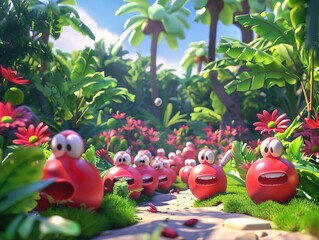 A group of red, round creatures with faces are running through a lush, tropical forest