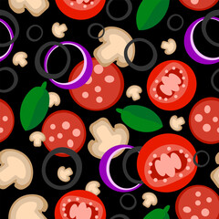 Vegetables backdrop. Vegetables seamless pattern background. Healthy food cover. Tomatoes, mushrooms, onions and lettuce. Vector illustration EPS 10