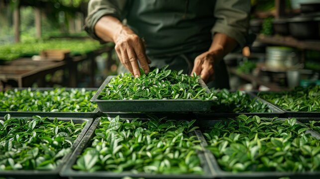 Packaging process of tea leaves, ensuring freshness for export markets.