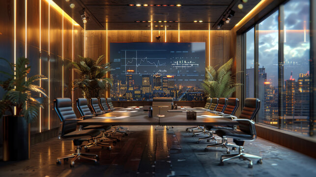 Office meeting with a live economic update broadcasted on a projector, discussing implications for the business.