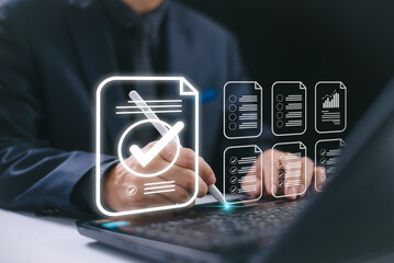 Document audit inspection, business asset analysis concept. Man inspects data, file check checklist online survey. Efficient document form project management. Review online approval, digital research