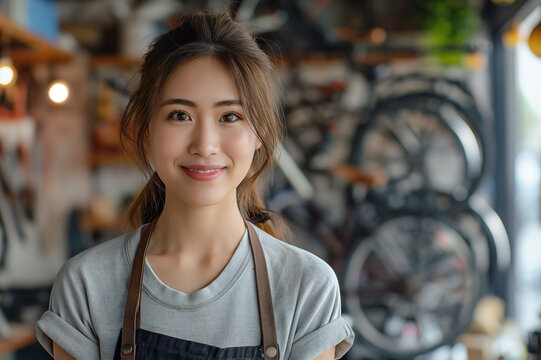 SMEs life , Happy start up , small business , a woman standing at the counter of bicycle repair shop genuine smiling towards camera