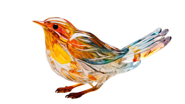 Delicate glass bird gracefully rests on pristine white surface on transparent background