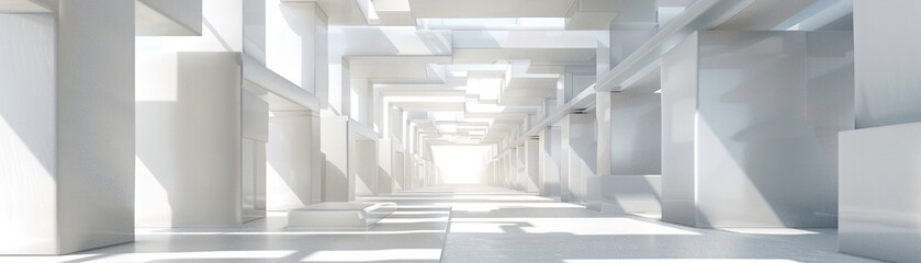 An immersive 3Drendered white maze, with abstract geometric walls towering over a virtual reality exploration space