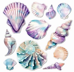 Watercolor shells, stickers, beautiful illustrations. Stickers for projaja, for notepad, diary, notebook. Concept of sea, ocean, nature. Illustration.