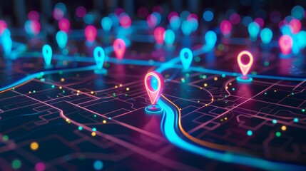 Glowing blue and pink city map with pinpoint in the center background