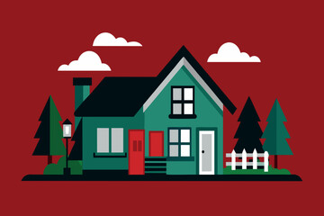 A cartoon drawing of a house with a red door and a white fence