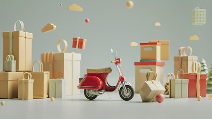 3D illustration of a red vintage scooter with cream and red gift boxes, shopping bags and a christmas tree on a pale blue background