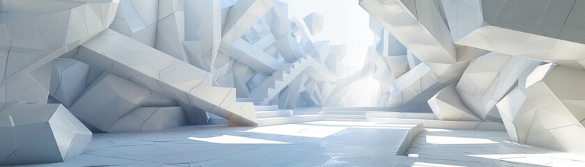 An immersive 3Drendered white maze, with abstract geometric walls towering over a virtual reality exploration space
