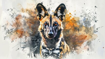 Surreal and captivating image of a wild dog's face with a striking abstract stained backdrop - obrazy, fototapety, plakaty