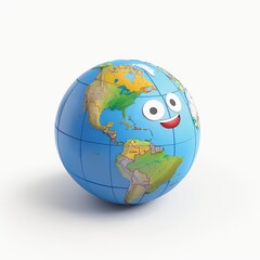 Create a 3D rendering of a globe with a happy face. The globe should be blue and have a detailed texture. The continents should be clearly visible.