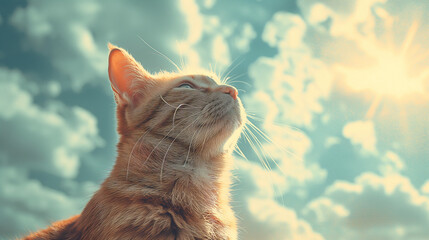 Pet lover , cat lover , A happy Orange cat face in front of cat foods and beautiful sky with clouds
