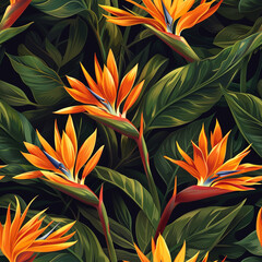 Fototapeta na wymiar A pattern of bird of paradise, exotic orange flowers with unique shapes and green leaves on a dark background, in the style of vintage oil painting.