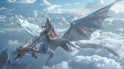 A fantasy dragon rider soaring through the clouds, with their loyal


