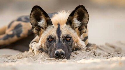 Close up of an African wild dog’s head as it rests on the sandy ground, showcasing detailed fur...