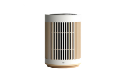White and brown air purifier standing elegantly against a clean white background on transparent background