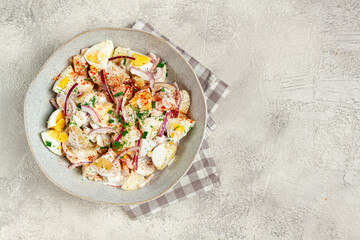 potato and egg salad, red onion, with mayonnaise, homemade, no people,